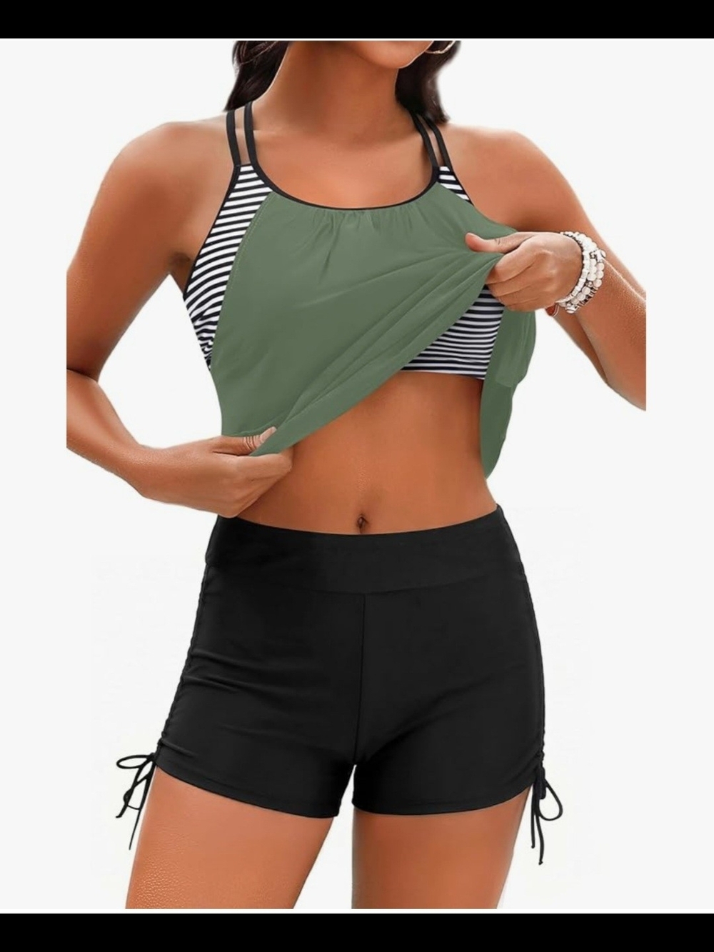 Holipick Tankini Set - Army Green/Striped Multi-Strap Top & Black Boyshorts, XL - Picture 5 of 10